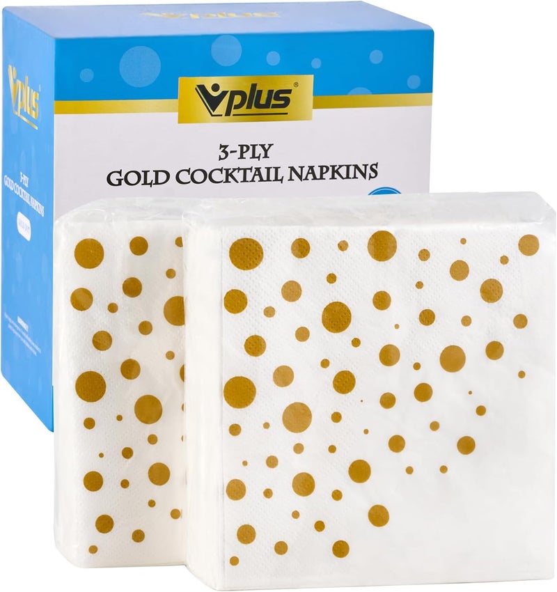 Vplus 100 Pack Cocktail Napkins Paper, 3-Ply Beverage Napkins, Disposable Gold Square Napkins, Perfect for Restaurant, Event, Bar, Wedding, Baby Shower and Birthday Party - Image 1